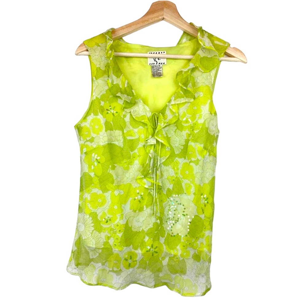 ICE Silk Lime Green Floral Ruffled Sequin Tank Blouse M